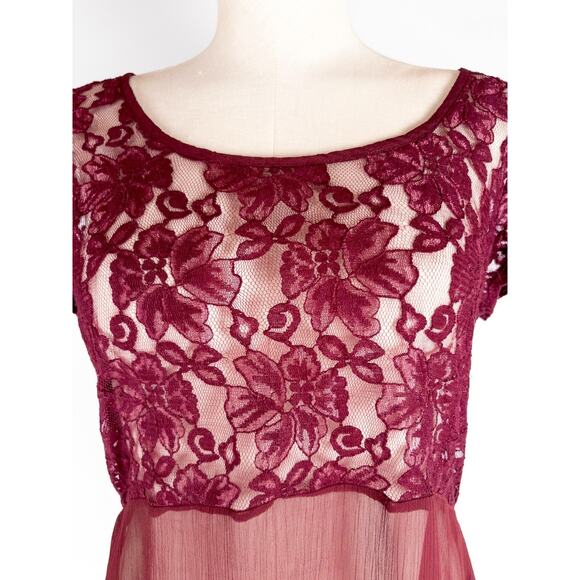 VTG Sheer Lace Blouse Cap Sleeve Maroon LARGE Ruffle Y2K Coquette Fairy - Picture 2 of 8